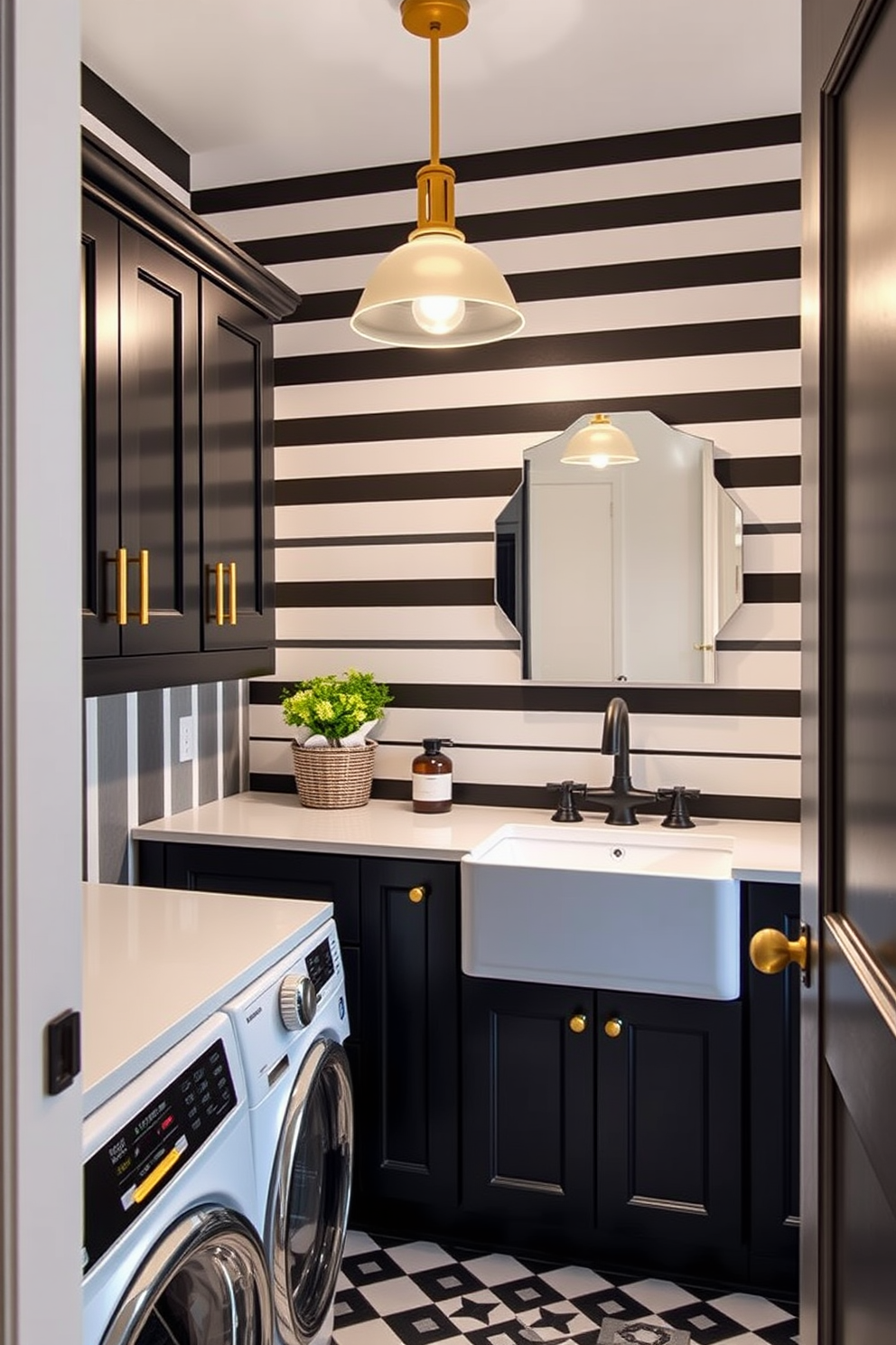 A chic laundry room featuring black and white striped wallpaper that adds a bold visual impact. The space includes sleek black cabinetry with gold hardware and a white countertop for a modern touch. Incorporate a large farmhouse sink with a matte black faucet and stylish storage baskets to enhance functionality. Bright lighting fixtures hang from the ceiling, illuminating the room and creating an inviting atmosphere.