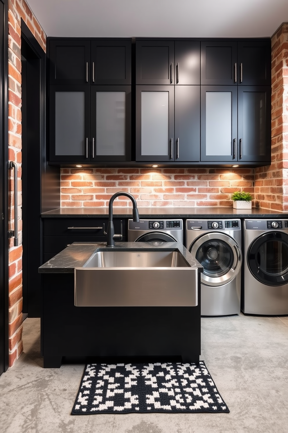 A sleek black laundry room features minimalist design elements with hidden appliances seamlessly integrated into the cabinetry. The space is accented by matte black finishes and soft ambient lighting, creating a sophisticated yet functional environment.