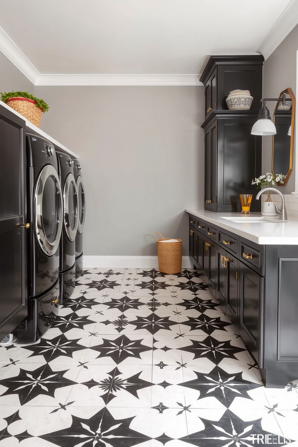 A stylish laundry room featuring vintage black and white floor tiles that create a striking pattern. The walls are painted in a soft gray hue, complementing the dark cabinetry and sleek white countertops.