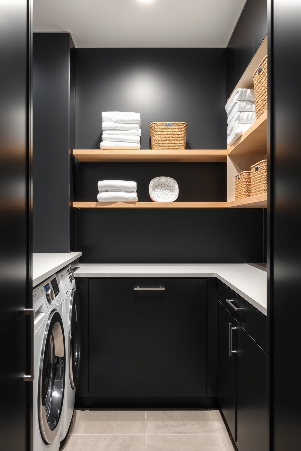 A sleek and minimalist laundry room features hidden appliances seamlessly integrated into the cabinetry. The walls are painted in a soft matte black, creating a bold yet sophisticated backdrop for the space. The countertops are made of white quartz, providing a striking contrast to the dark cabinetry. Open shelves made of natural wood display neatly folded towels and decorative storage baskets for a clean and organized look.