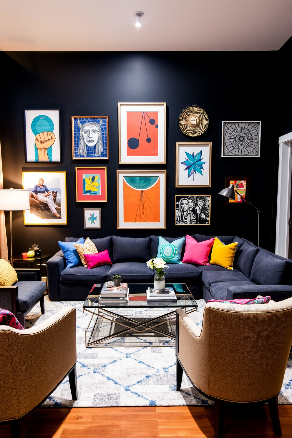 A bold black accent wall serves as the focal point of the living room, adorned with a curated selection of contemporary art pieces that add vibrancy and personality to the space. The room features a plush sectional sofa in deep gray, complemented by colorful throw pillows that enhance the modern aesthetic. A sleek glass coffee table sits at the center, surrounded by stylish accent chairs that invite conversation. Soft ambient lighting from strategically placed floor lamps creates a warm and inviting atmosphere, perfect for relaxation and entertaining.