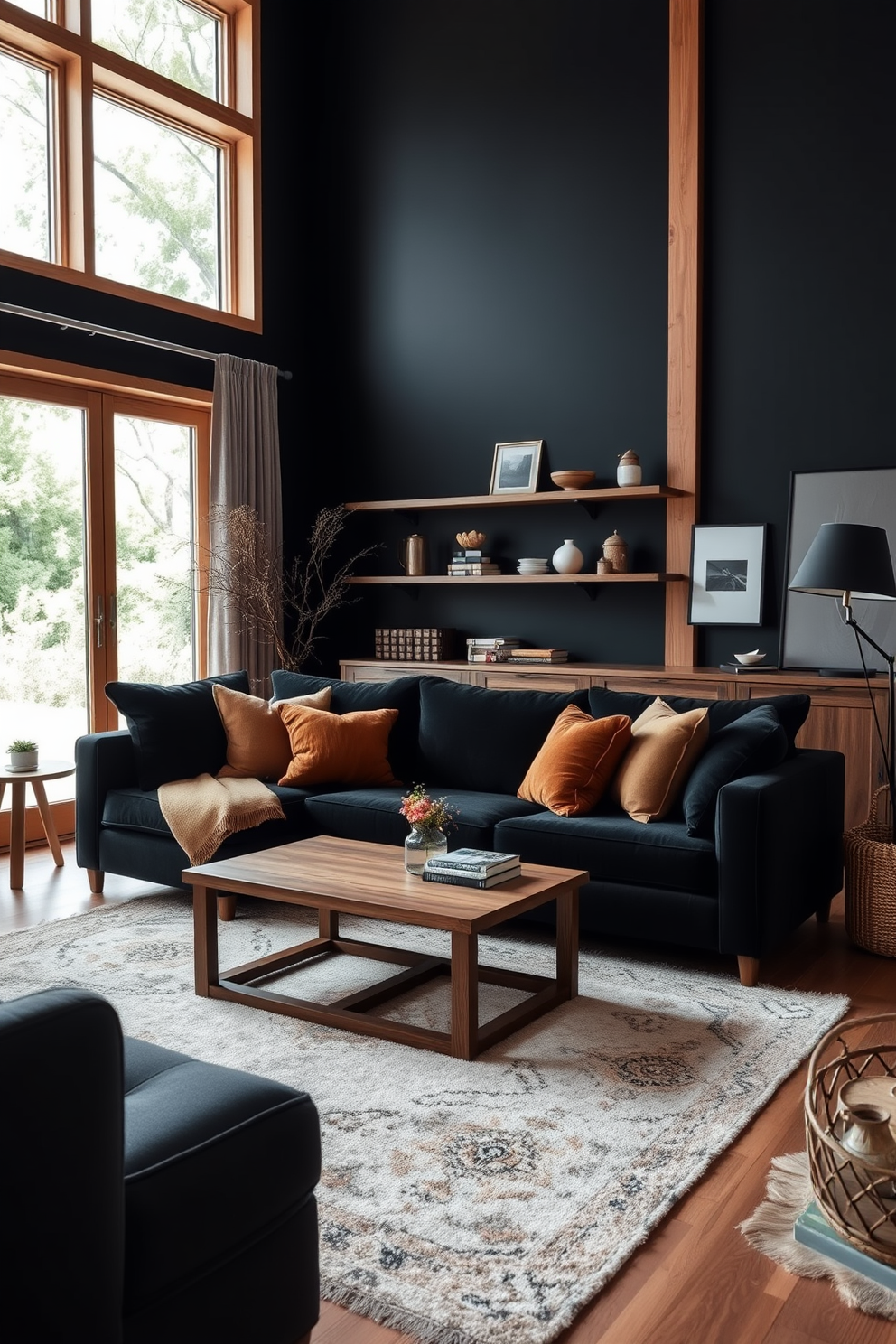 A cozy black living room featuring an elegant black sofa adorned with plush throw pillows in warm tones. A wooden coffee table sits in front of the sofa, complemented by a stylish area rug that adds texture to the space. The walls are painted in a soft black hue, creating an intimate atmosphere, while natural wood accents are incorporated through shelves and decorative elements. Large windows allow natural light to flood the room, enhancing the warmth of the wood and creating a welcoming ambiance.