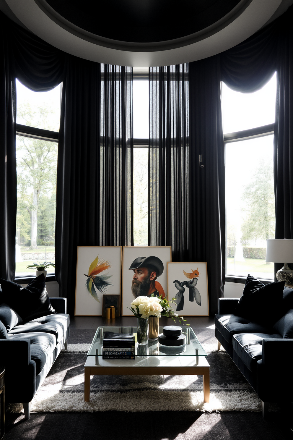 A stylish black living room featuring dramatic black curtains that frame large windows, allowing natural light to filter through while adding a touch of elegance. The room is adorned with plush seating in rich textures, complemented by modern art pieces that pop against the dark color palette.