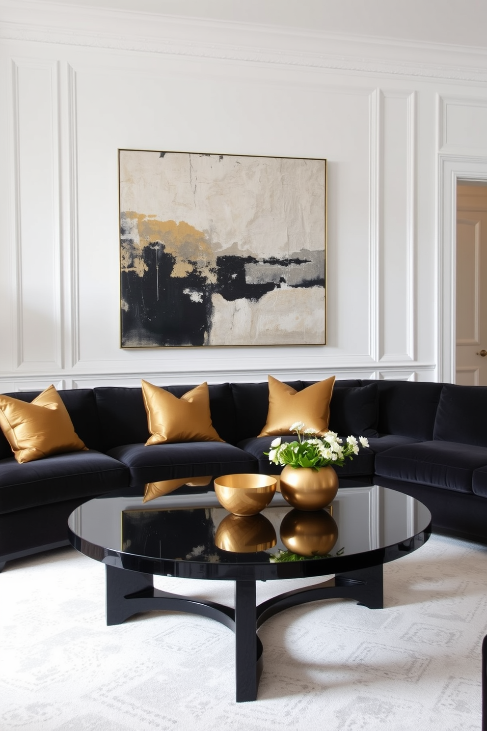 Chic black coffee table with glass top. The table is surrounded by plush velvet sofas in deep shades of charcoal and accented with gold throw pillows. The walls are painted in a soft white to create a contrast with the dark furniture. A large abstract artwork hangs above the sofa, adding a pop of color to the space.