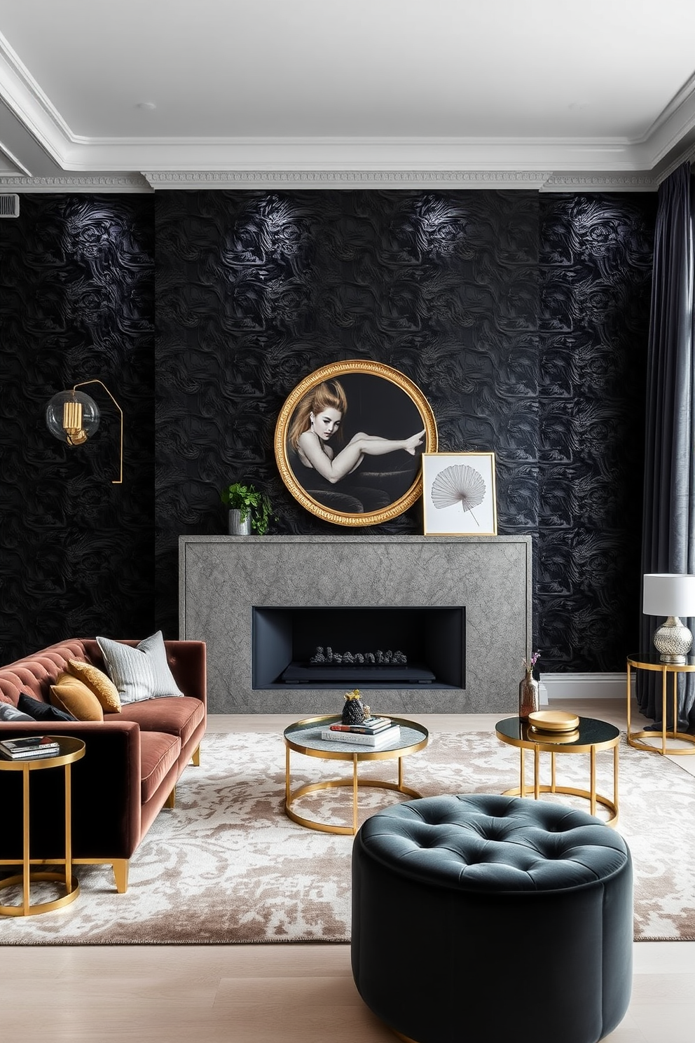 A luxurious living room adorned with textured black wallpaper that adds depth and sophistication to the space. The room features a plush velvet sofa in a contrasting color, paired with gold accent tables and a large area rug that ties the design together.