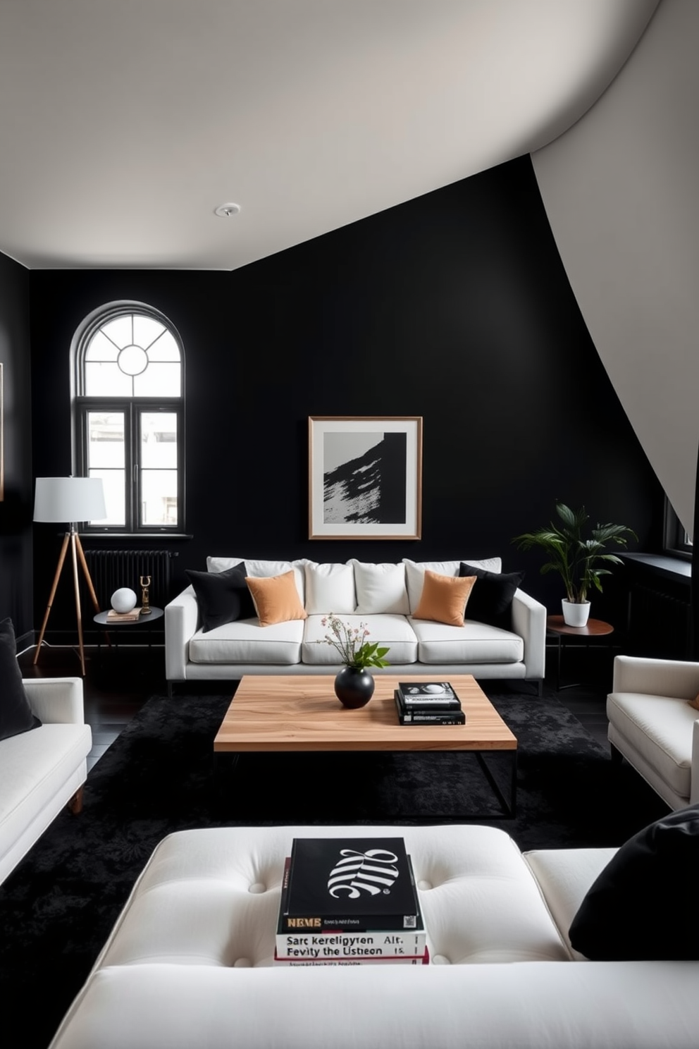 A striking black living room with bold black walls that create a dramatic backdrop. The space is filled with light-colored furniture, including a plush white sofa and a sleek light wood coffee table that contrast beautifully against the dark walls.