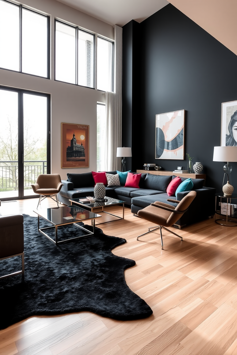 A striking black area rug anchors the space, providing a bold contrast against the light hardwood flooring. The living room features a modern sectional sofa in deep charcoal, accented with vibrant throw pillows for a pop of color. Floor-to-ceiling windows flood the room with natural light, enhancing the contemporary art pieces displayed on the walls. A sleek coffee table made of glass and metal sits at the center, surrounded by stylish accent chairs that invite conversation.