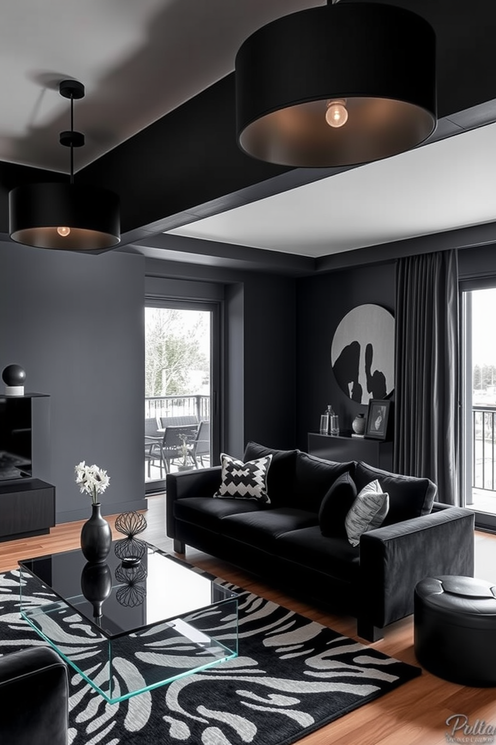 A stylish black living room featuring layered lighting with black fixtures. The room is adorned with a plush black sofa, complemented by a sleek glass coffee table and a bold area rug.