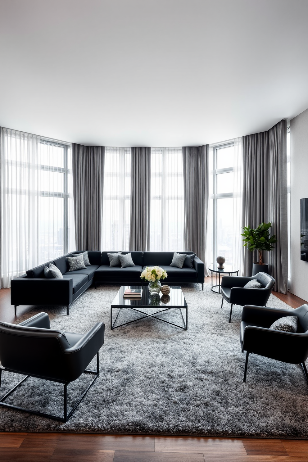 A luxurious living room featuring a black and grey color palette. The space is adorned with a sleek black sectional sofa paired with a plush grey area rug, creating a sophisticated atmosphere. Floor-to-ceiling windows allow natural light to flood the room, highlighting the elegant grey curtains that frame the view. A modern coffee table sits at the center, surrounded by minimalist black accent chairs for a chic and inviting seating arrangement.