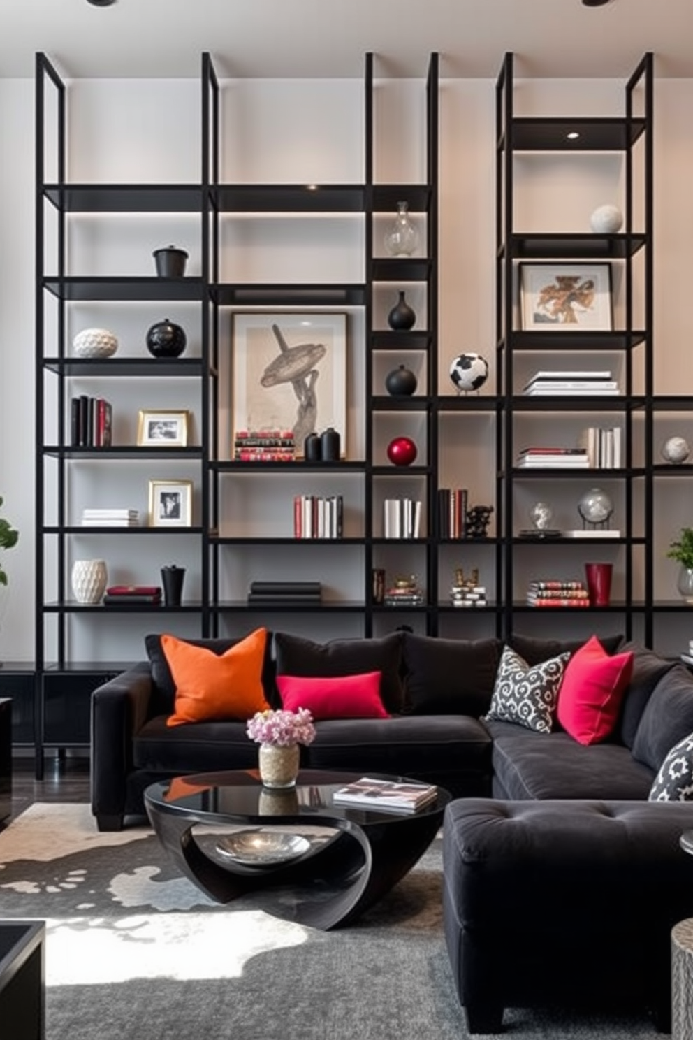 A modern living room featuring sleek black bookshelves that are filled with an array of colorful books. The space is designed with a cozy seating area, complemented by a plush sofa and vibrant throw pillows.