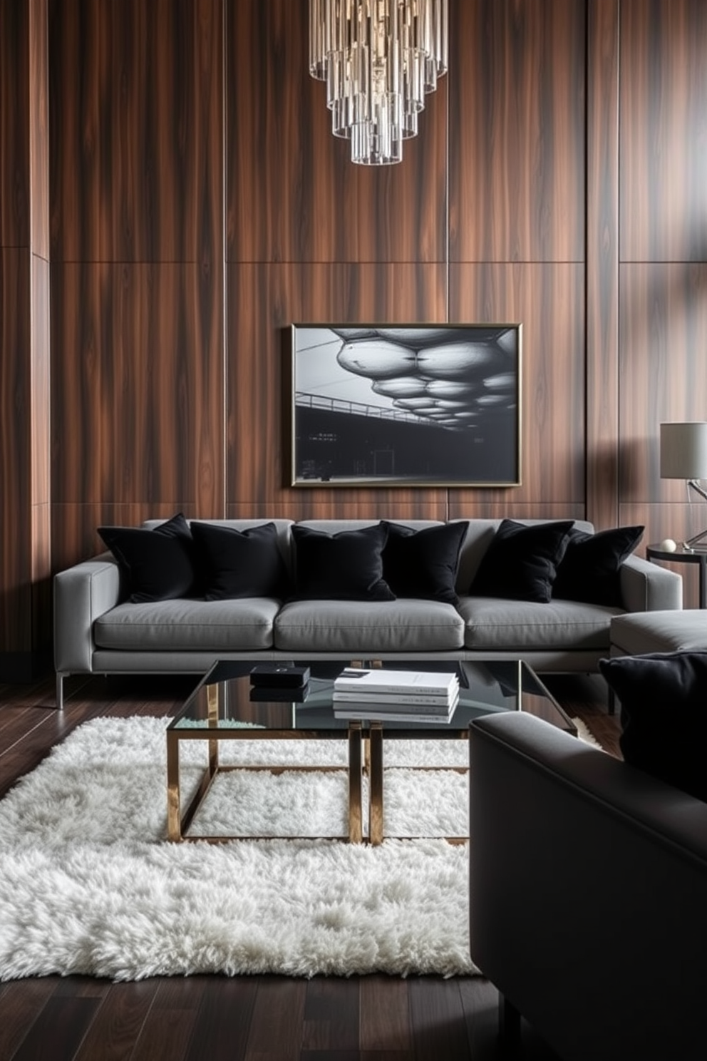 A luxurious black living room features layered textures with plush black velvet cushions arranged on a sleek modern sofa. The walls are adorned with rich dark wood paneling, and a statement coffee table made of glass and metal sits at the center, complemented by a soft area rug beneath.