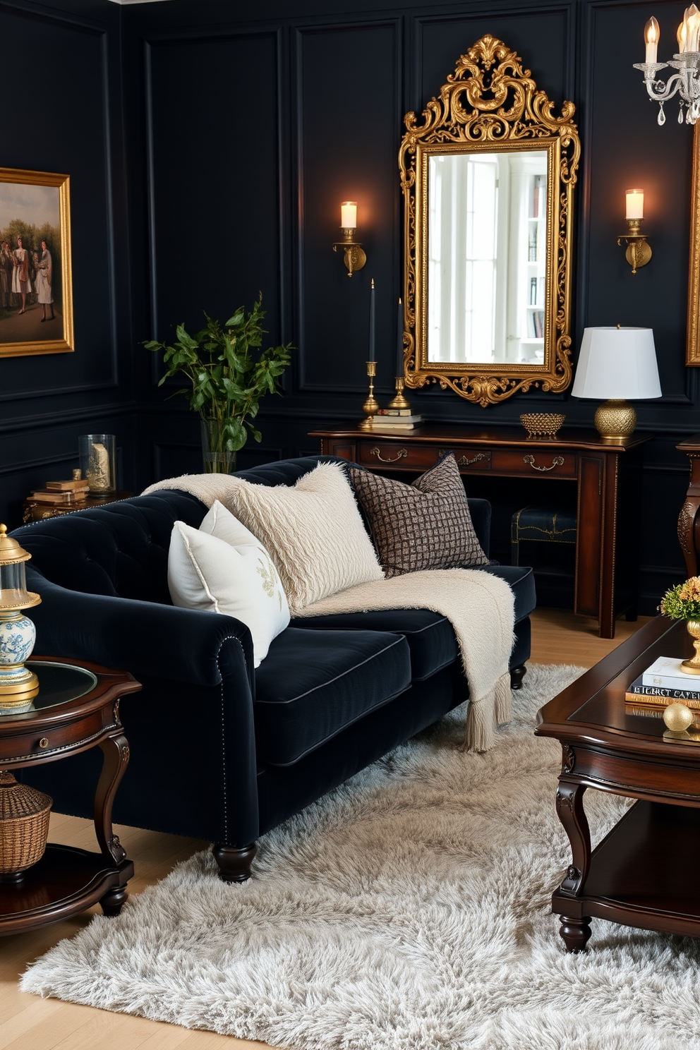 A sophisticated black living room features a sleek black leather sofa paired with silver accent pillows. The walls are adorned with elegant black and white artwork, and a shimmering silver coffee table sits at the center. In one corner, a tall black bookcase displays a curated collection of decorative silver objects. Soft black curtains frame the windows, allowing natural light to enhance the room's luxurious ambiance.