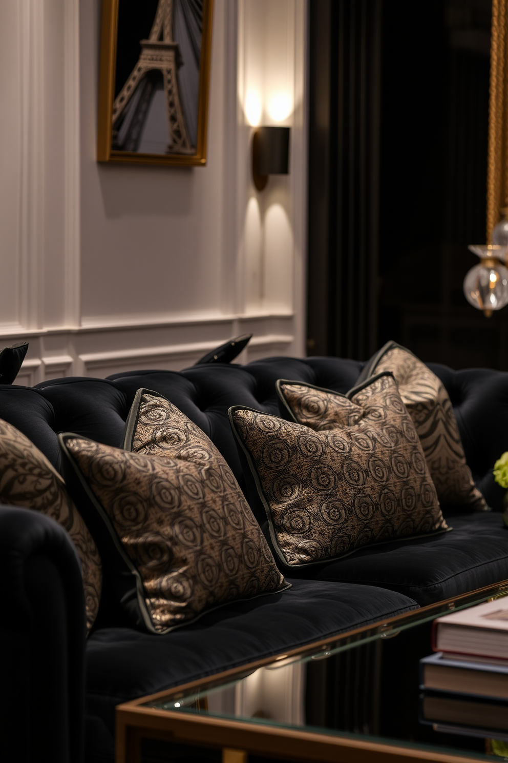 A stylish living room featuring a plush black sofa adorned with decorative pillows that showcase intricate pattern accents. The space is illuminated by soft ambient lighting, highlighting the rich textures of the furniture and the elegant decor elements.