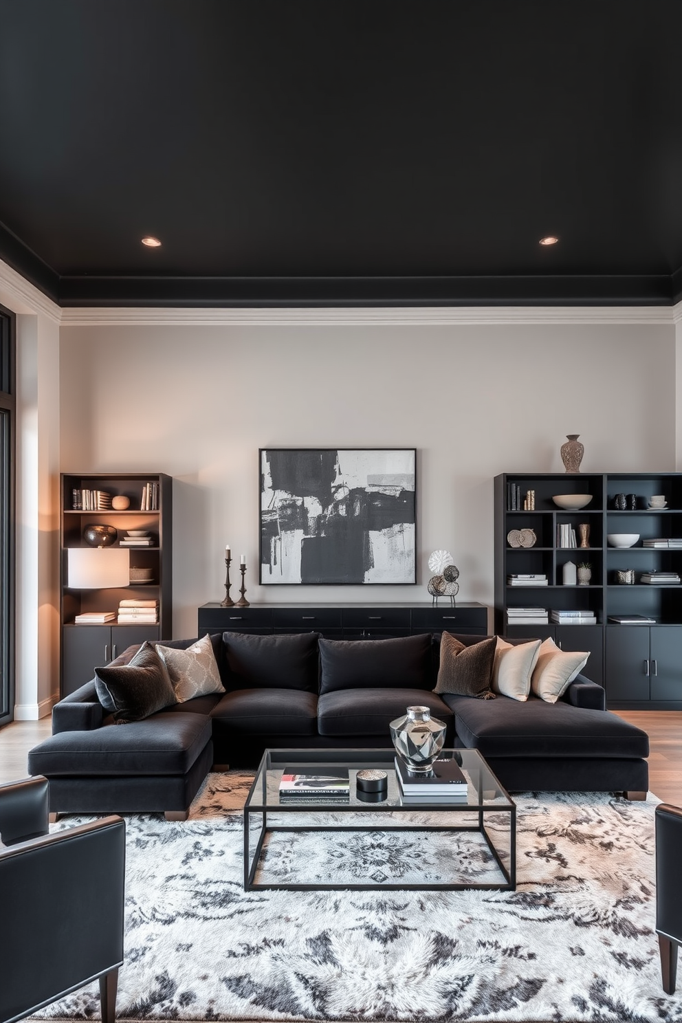 A striking black ceiling creates a bold focal point in the living room. The walls are adorned with a soft gray hue that complements the dark tones of the furniture. A plush black sectional sofa is arranged around a modern coffee table made of glass and metal. Accent pillows in various textures add depth and interest to the seating area. A large piece of abstract art hangs above the sofa, drawing the eye and enhancing the contemporary vibe. Sleek black shelving units display curated decor and books, adding personality to the space. Warm lighting fixtures, such as a stylish floor lamp and wall sconces, illuminate the room, creating a cozy atmosphere. A luxurious area rug with geometric patterns anchors the seating arrangement, providing comfort underfoot.