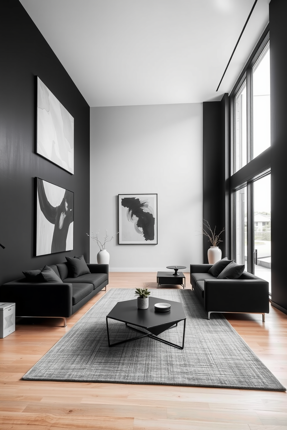 A minimalist black living room design featuring sleek furniture with clean lines. The space includes a low-profile black sofa, a geometric coffee table, and a large area rug in a subtle texture. Accent walls in deep matte black create a striking backdrop for modern art pieces. Large windows allow natural light to flood the room, highlighting the contrast between the dark furnishings and light wood flooring.