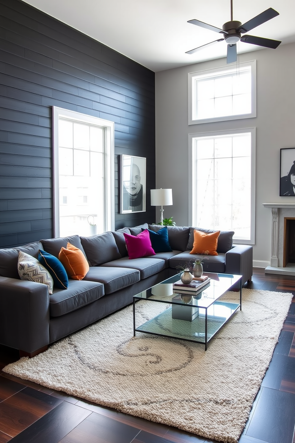 A vintage black sofa with sleek, modern accents sits in the center of the room. Surrounding it are contemporary gold side tables and a minimalist white coffee table that contrast beautifully with the dark furniture. The walls are adorned with abstract art pieces that add a pop of color to the space. A plush area rug in muted tones anchors the seating arrangement, creating a cozy atmosphere.