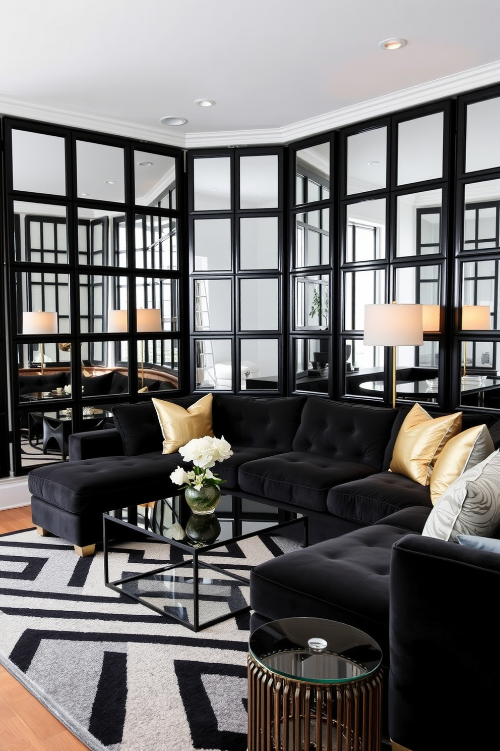 A stylish black living room featuring sleek black framed mirrors that reflect light and create a sense of openness. The room is adorned with a plush sectional sofa in deep charcoal, complemented by gold and white accent pillows. The walls are painted in a soft white to contrast with the dark furnishings, while a striking geometric area rug adds texture to the space. A modern coffee table sits at the center, surrounded by elegant floor lamps that provide warm ambient lighting.