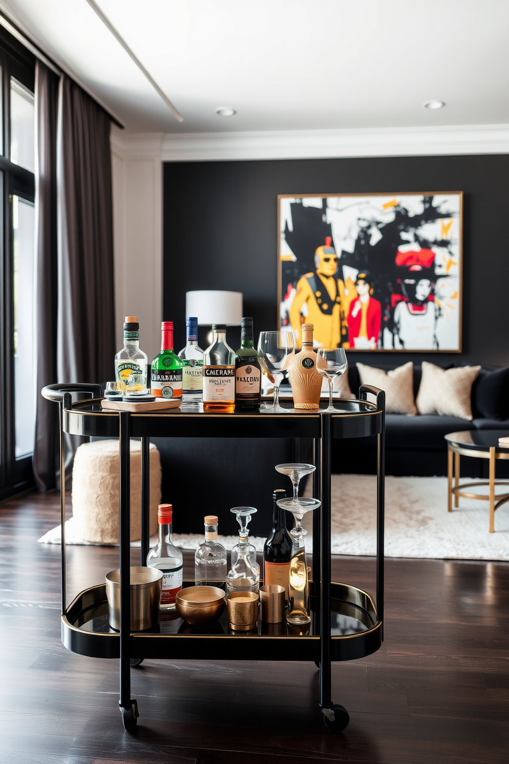 A contemporary black dining area features a sleek rectangular table surrounded by upholstered chairs in rich textures. The walls are adorned with abstract art pieces, and a statement chandelier hangs above, casting a warm glow over the space. In the black living room design, a plush sectional sofa is paired with a glass coffee table and a textured area rug. Floor-to-ceiling windows allow natural light to filter in, highlighting the elegant decor and deep, moody color palette.