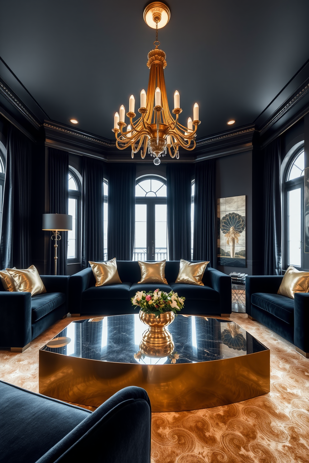 A luxurious black living room features a striking black velvet sofa adorned with brass accent pillows. The walls are painted in a deep charcoal hue, and a sleek brass coffee table sits in the center, reflecting the ambient light. Floor-to-ceiling curtains in rich black fabric frame large windows, allowing natural light to filter in. A bold brass chandelier hangs overhead, casting a warm glow over the space and enhancing the opulent atmosphere.