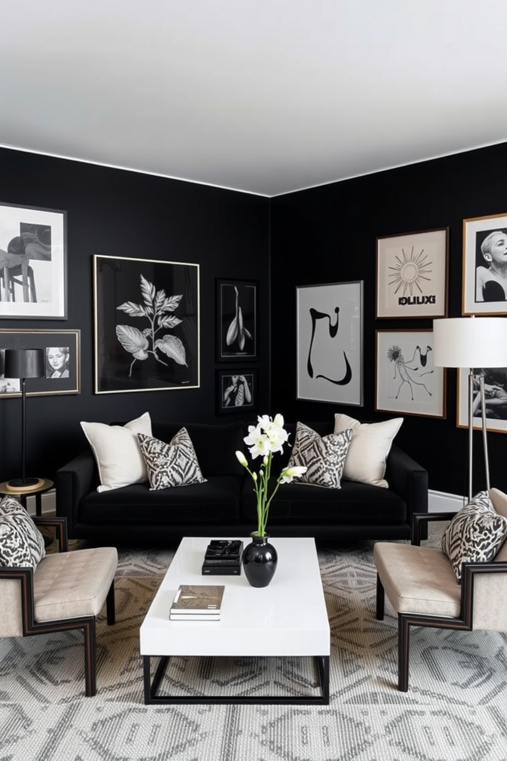 A stylish black living room featuring dark wood flooring complemented by light, textured rugs. The space includes a sleek black leather sofa, accentuated by colorful throw pillows and a modern coffee table at the center.