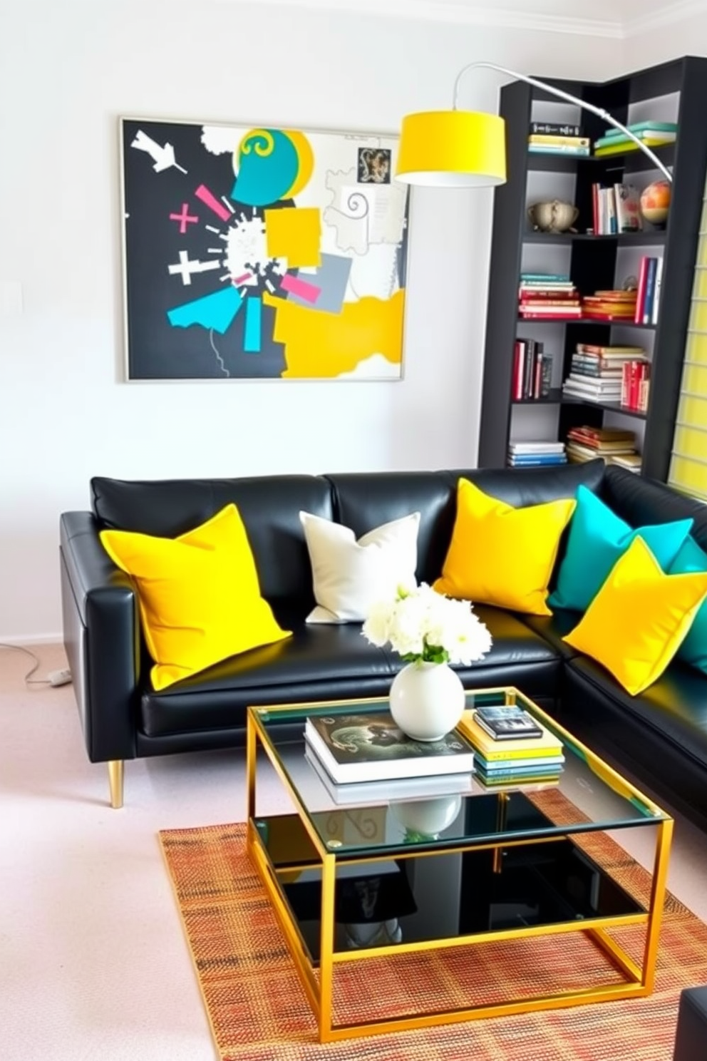 A stylish living room showcases a sleek black sofa paired with vibrant throw pillows in shades of yellow and turquoise. A bold abstract painting adorns the wall, complementing a glass coffee table with a gold frame that adds a touch of elegance to the space. In one corner, a striking black bookshelf is filled with colorful books and decorative items, creating a lively contrast. The room is illuminated by a modern floor lamp with a bright shade, enhancing the cheerful atmosphere of this contemporary design.