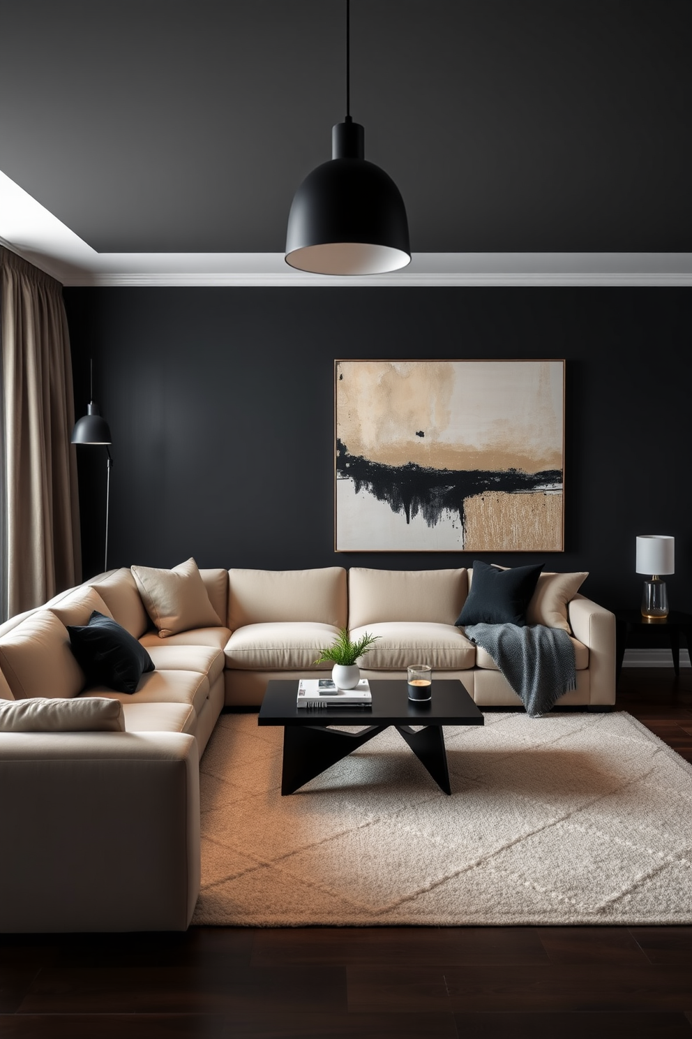 A chic black living room featuring a plush beige sectional sofa that creates a soft contrast against the dark walls. A sleek black coffee table sits in the center, adorned with a few decorative books and a small potted plant for a touch of greenery. The room is illuminated by modern black pendant lights hanging from the ceiling, casting a warm glow over the space. A large abstract painting with hints of beige adds visual interest to the wall, while a soft area rug ties the seating area together.