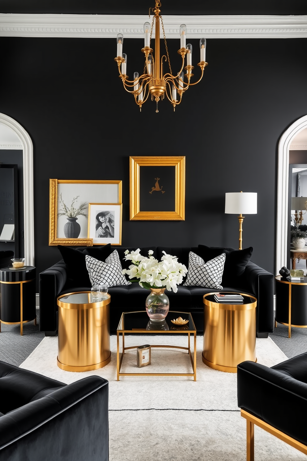 A chic black living room adorned with gold accents. The space features a plush black velvet sofa paired with gold-finished side tables and a sleek coffee table. The walls are painted in a deep matte black, creating a dramatic backdrop. Elegant gold-framed artwork and a statement chandelier add a touch of luxury to the ambiance.