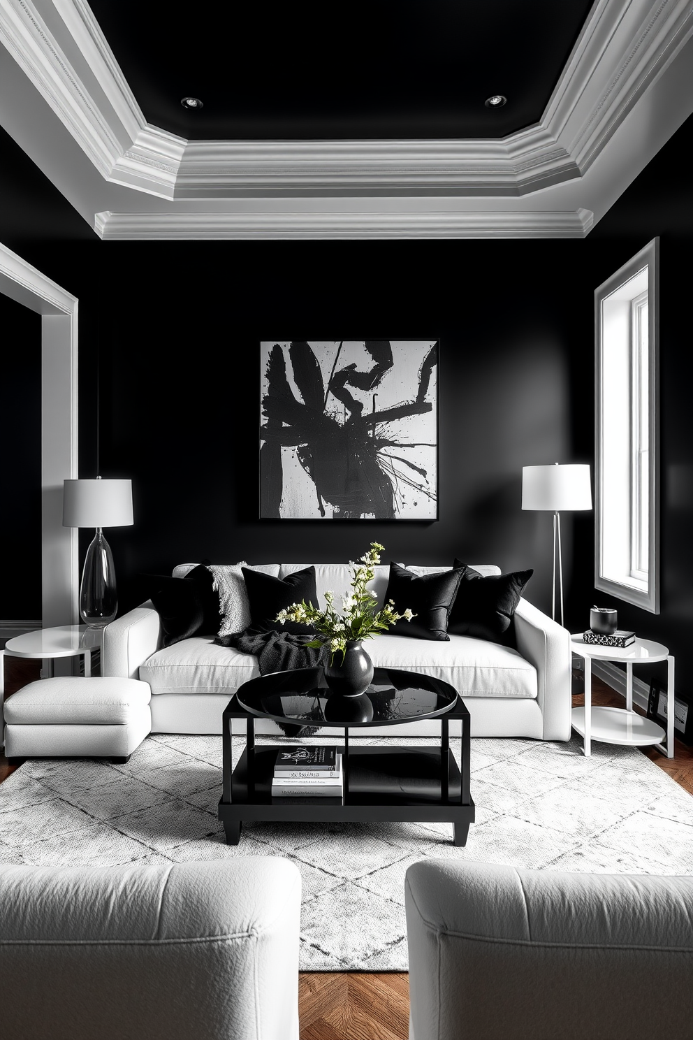 A spacious living room featuring a striking black and white decor theme. The room is anchored by a large sectional sofa in deep black fabric, complemented by white accent pillows and a sleek glass coffee table at the center. On one side, a minimalist black bookshelf displays curated art pieces and books, while the opposite wall showcases a modern white media console. Large windows allow natural light to flood the space, highlighting the bold contrast of the furnishings and a stylish black and white area rug underfoot.