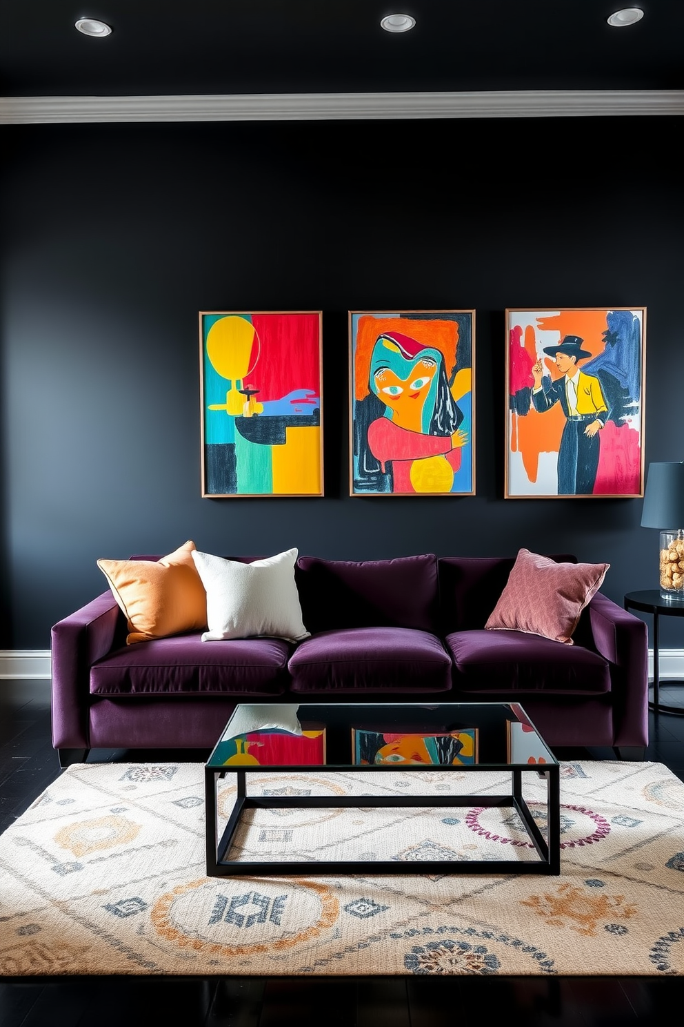 A striking black-walled living room that serves as a dramatic backdrop for vibrant artwork. The space features a plush sectional sofa in a rich jewel tone, complemented by a sleek glass coffee table at the center. Colorful abstract paintings adorn the walls, creating a stunning contrast against the dark backdrop. A stylish area rug with geometric patterns anchors the seating arrangement, adding warmth and texture to the space.