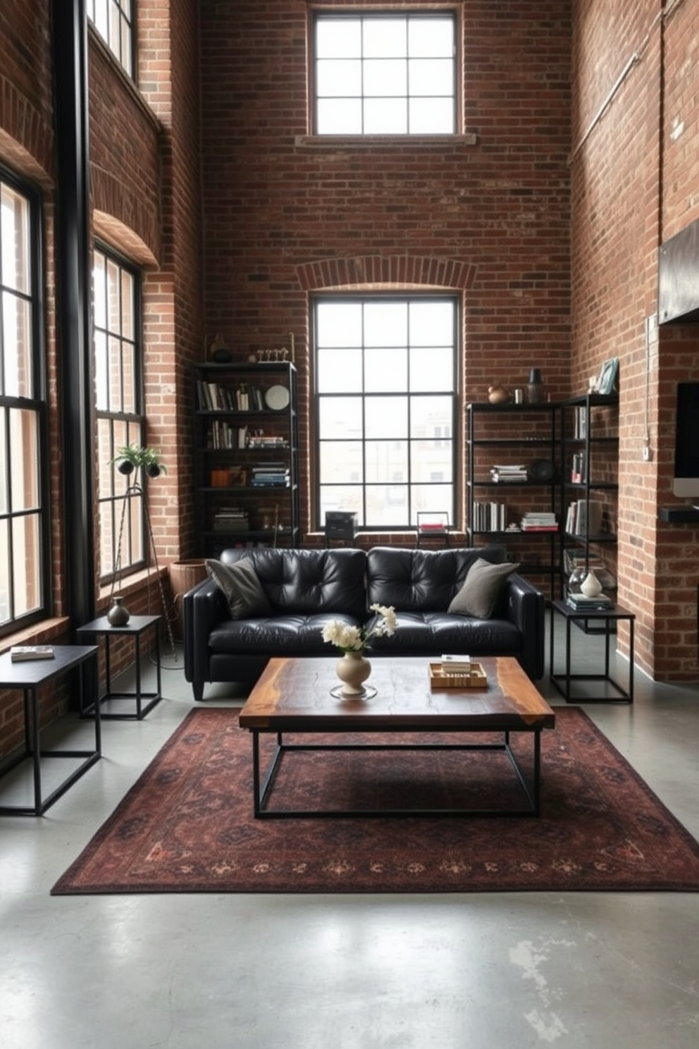 A stylish living room featuring dark wood furniture paired with soft, inviting textiles. The space includes a plush black sectional sofa adorned with textured throw pillows and a sleek coffee table made of dark wood. The walls are painted in a deep charcoal hue, creating a cozy atmosphere. A large area rug with subtle patterns anchors the seating area, while floor-to-ceiling curtains in a soft fabric frame the windows, allowing natural light to filter in.