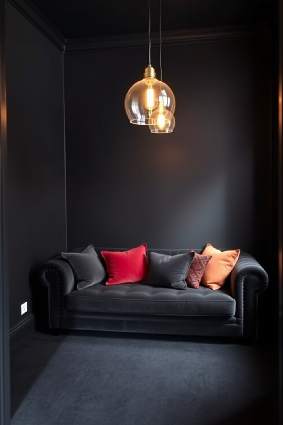 Cozy black room with warm lighting. The walls are painted in a deep matte black, creating an intimate atmosphere that invites relaxation. A plush velvet sofa in a rich charcoal hue is centered in the room, adorned with colorful throw pillows. Soft golden pendant lights hang from the ceiling, casting a warm glow over the space.