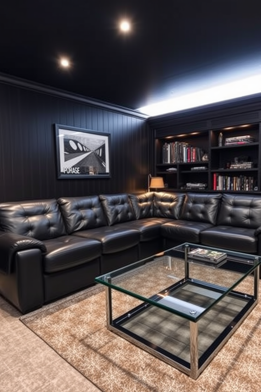 A sleek black leather sectional sofa is positioned in the center of a dimly lit man cave, surrounded by dark wood paneling and plush area rugs. The walls are adorned with framed sports memorabilia and a large flat-screen TV is mounted above a low-profile entertainment unit.