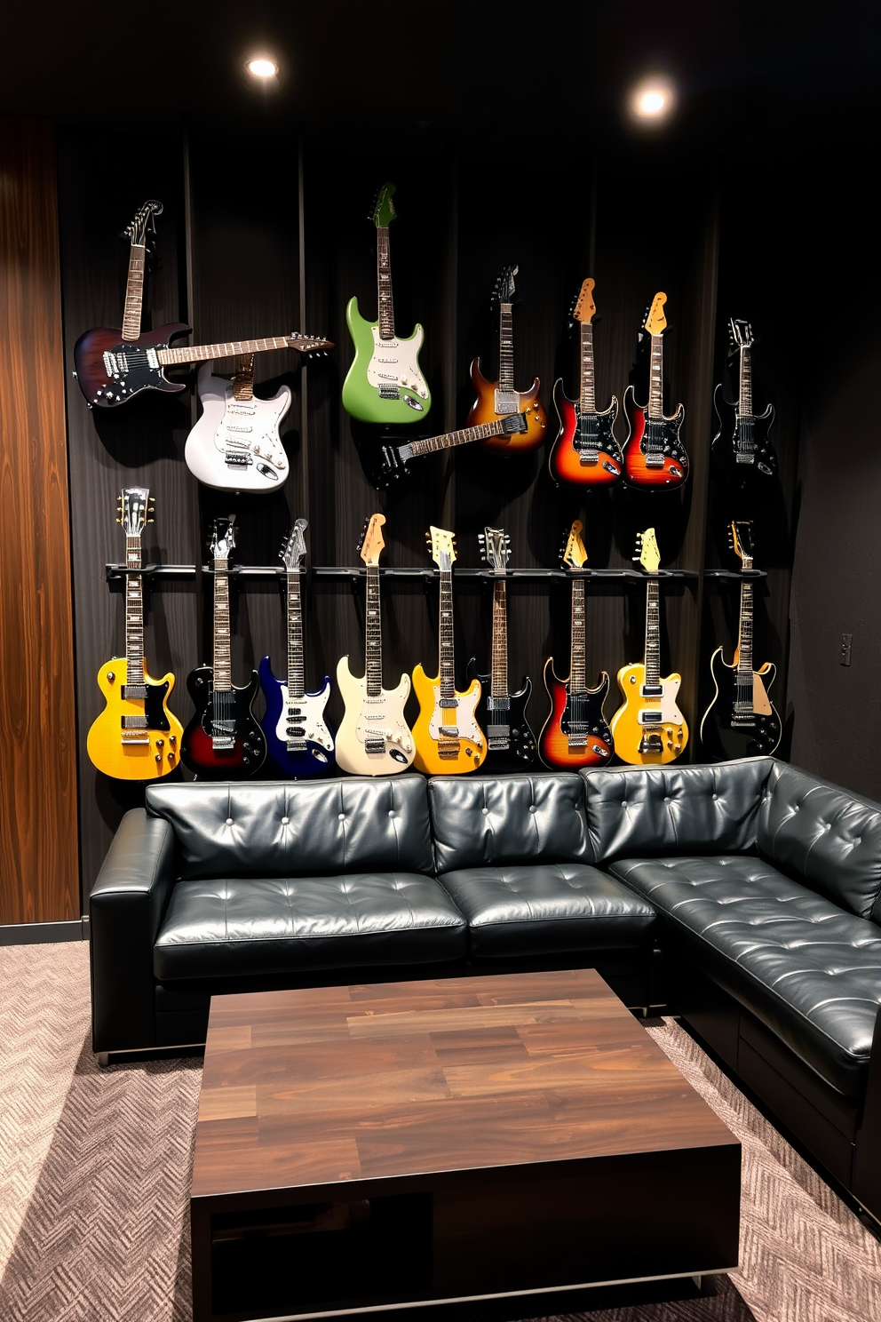 A wall-mounted guitar display showcases an impressive collection of guitars in a stylish arrangement. The backdrop features a dark wood paneling that enhances the aesthetic appeal of the space. The black man cave is designed with a cozy leather sectional sofa and a sleek coffee table. Ambient lighting creates a warm atmosphere, complemented by soundproof walls for an immersive music experience.