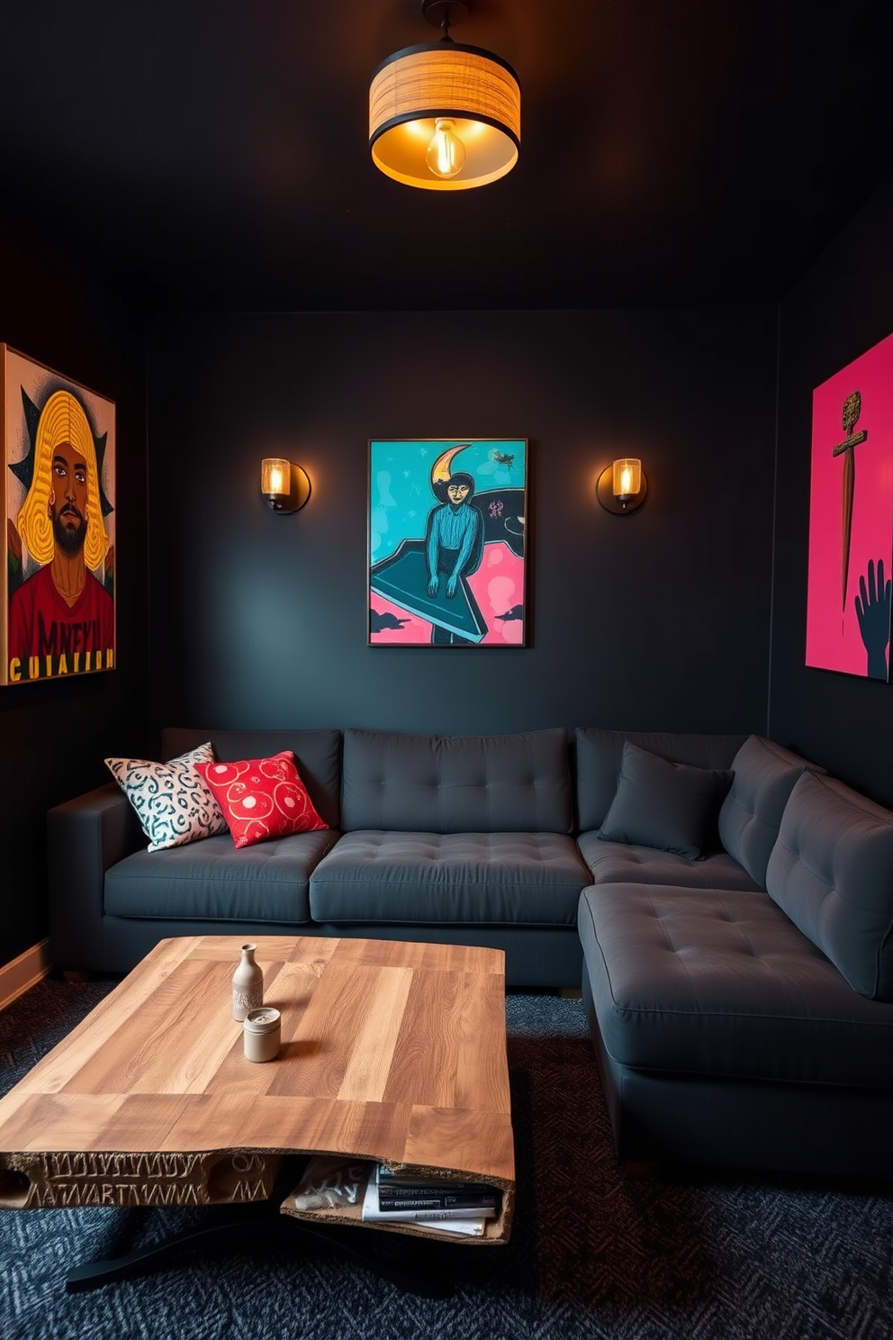 A stylish man cave featuring dark walls that create a cozy atmosphere. Bright artwork accents the space, adding vibrant pops of color against the rich backdrop. The room includes a plush sectional sofa in deep gray, complemented by a sleek coffee table made of reclaimed wood. Ambient lighting fixtures are strategically placed to enhance the mood while showcasing the artwork.