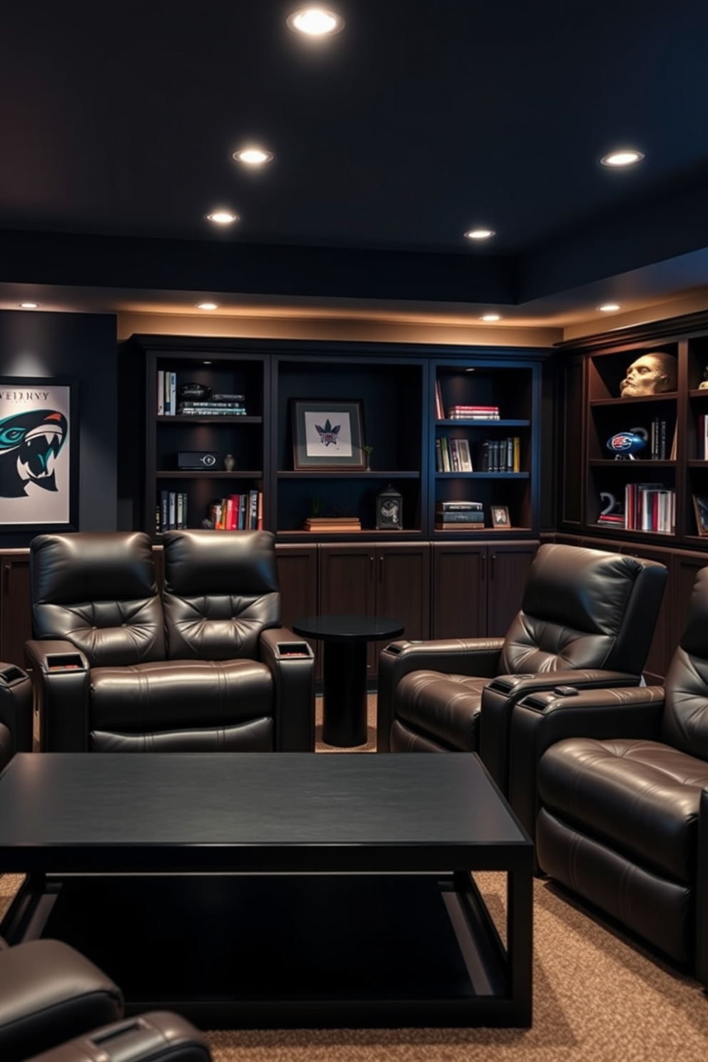 A stylish man cave featuring luxurious leather recliners that provide ultimate comfort. The walls are painted a deep charcoal gray, and ambient lighting creates a cozy atmosphere. The room is accented with dark wood shelves filled with books and memorabilia. A sleek black coffee table sits in front of the recliners, perfect for drinks and snacks during game nights.