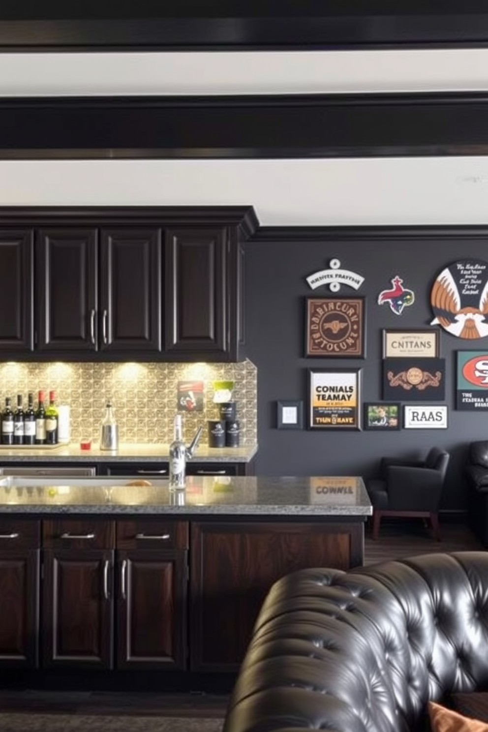 A personalized bar area featuring custom signage that reflects the owner's personality and interests. The space is designed with dark wood cabinetry, a sleek countertop, and ambient lighting to create a cozy atmosphere. Incorporate elements of a black man cave with leather seating, a pool table, and sports memorabilia adorning the walls. The color palette includes deep blacks and rich browns, enhancing the masculine vibe of the room.