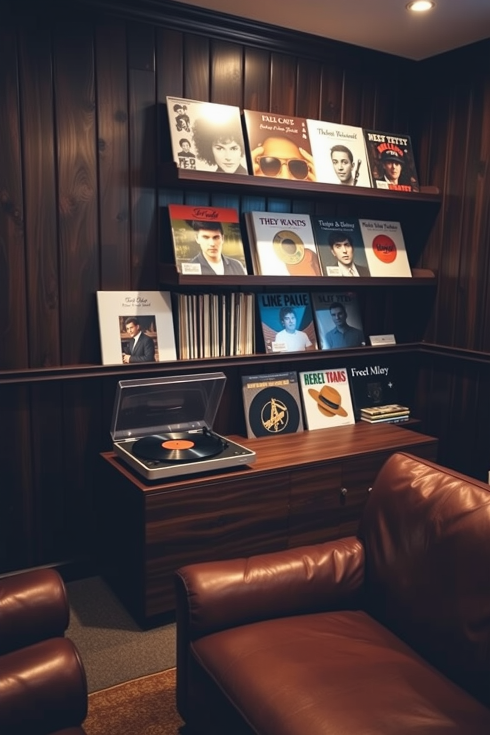 A stylish man cave with a vintage record player prominently displayed on a sleek wooden console. Surrounding the player is a curated vinyl collection arranged neatly on open shelves, enhancing the nostalgic atmosphere. The walls are adorned with dark wood paneling, creating a cozy and intimate vibe. Plush leather seating in rich brown tones invites relaxation, while ambient lighting adds warmth to the space.