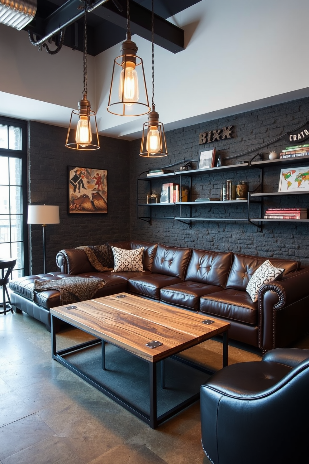 A masculine decor setting featuring a combination of metal and stone elements. The room is anchored by a large leather sectional sofa and a reclaimed wood coffee table with metal accents. Industrial-style lighting fixtures hang from the ceiling, casting a warm glow over the space. The walls are adorned with dark stone panels, complemented by metal shelves displaying curated art pieces and books.