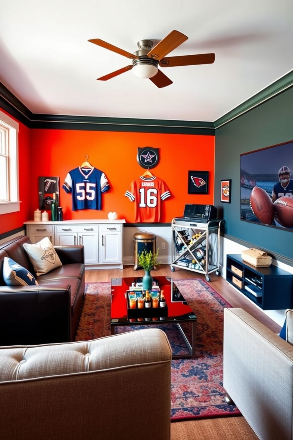 A stylish man cave designed in the colors of your favorite sports team. The walls are painted in bold team colors, and memorabilia such as jerseys and signed footballs are displayed prominently. Comfortable seating is arranged around a sleek coffee table, creating an inviting space for friends to gather. A large flat-screen TV is mounted on the wall, perfect for watching games while enjoying snacks from a nearby bar cart.