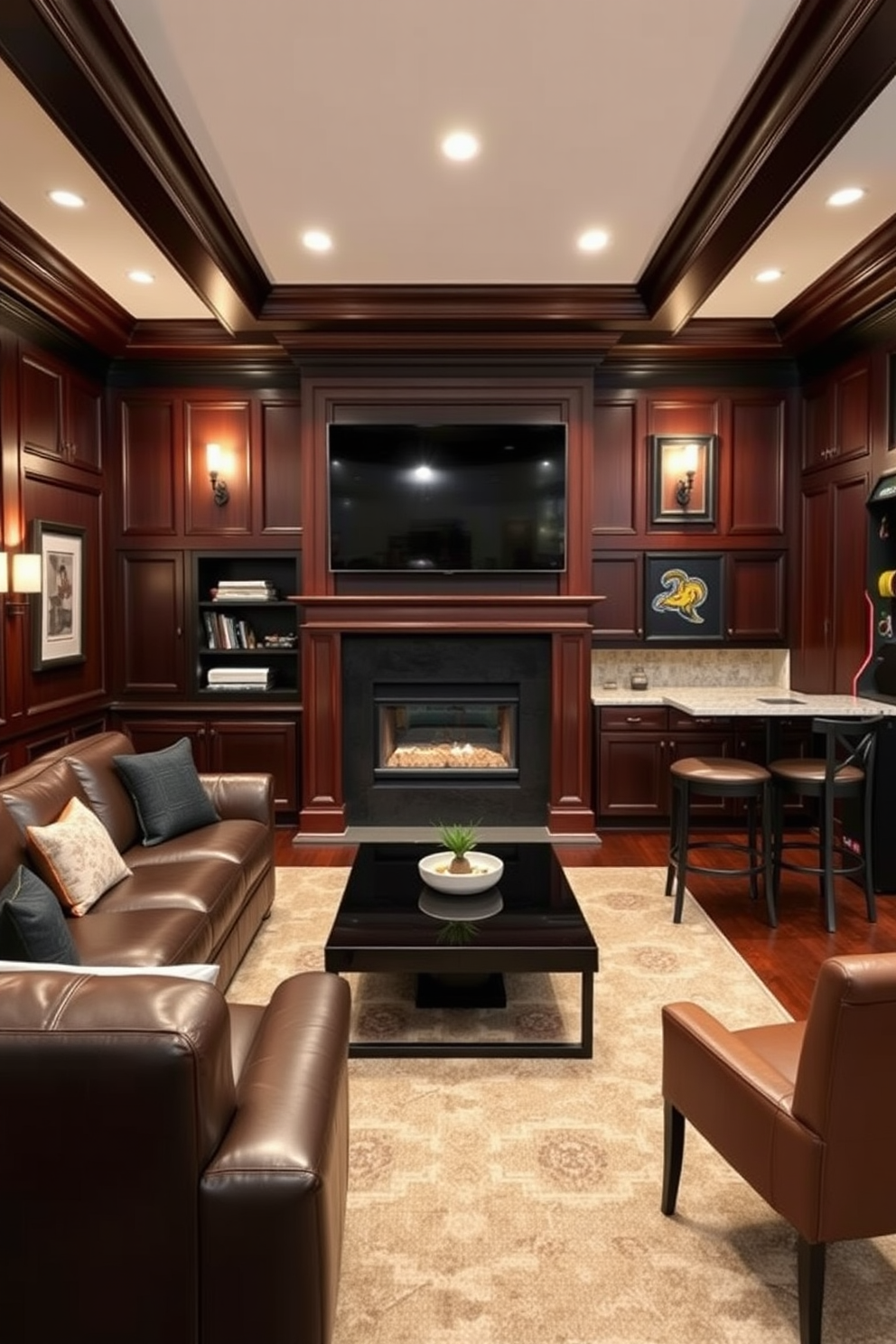 Understated elegance with dark wood finishes. The room features rich mahogany paneling, a plush leather sectional sofa, and a sleek black coffee table at the center. Soft lighting from stylish sconces casts a warm glow, enhancing the cozy atmosphere. A large flat-screen TV is mounted above a modern fireplace, creating an inviting focal point for relaxation and entertainment. Black Man Cave Design Ideas. The space includes a custom-built bar with dark cabinetry, complemented by high-top stools for casual seating. Decorative elements like framed sports memorabilia and a vintage arcade game add personality while maintaining a sophisticated vibe.