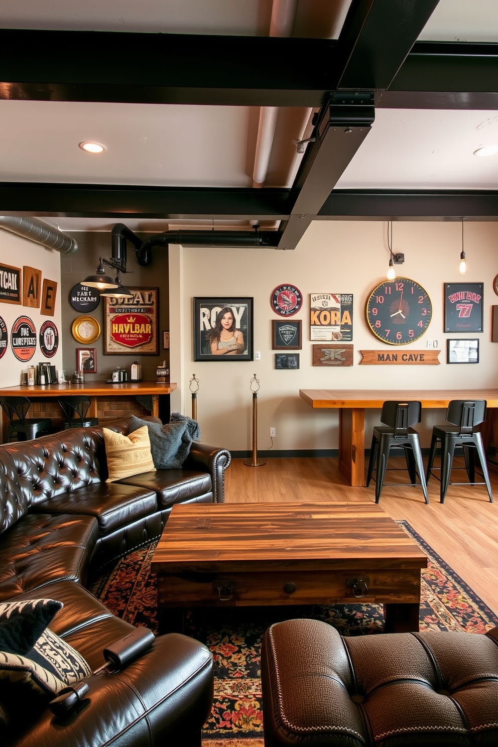 A stylish man cave featuring industrial metal accents combined with warm wood tones. The space includes a large leather sofa, a reclaimed wood coffee table, and exposed metal beams that add character to the room. In one corner, a rustic wooden bar with metal stools invites relaxation. The walls are adorned with vintage metal signs and framed artwork, creating a cozy yet edgy atmosphere.