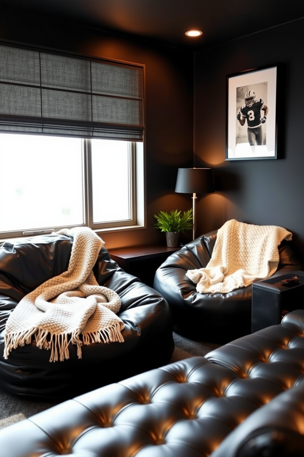 Cozy nook with oversized bean bags. The space features warm lighting and soft, textured throw blankets draped over the bean bags, inviting relaxation. Black man cave design ideas. The walls are painted a deep matte black, complemented by sleek leather furniture and bold metallic accents for a modern touch.