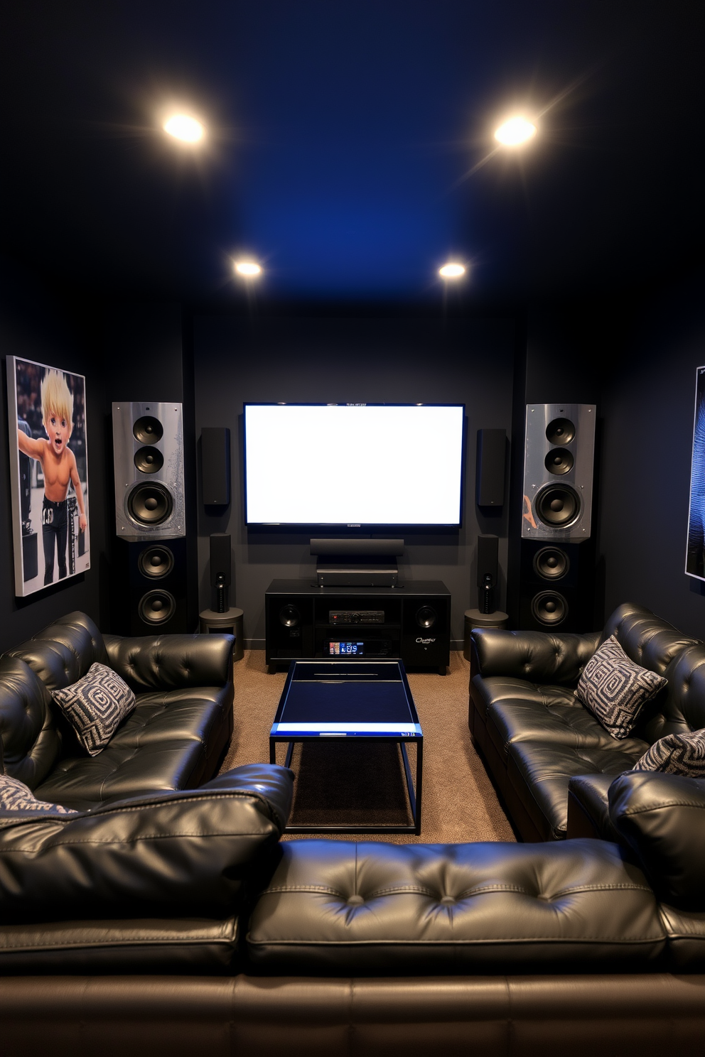 A stylish man cave featuring a wall-mounted TV as the focal point. Surround sound speakers are strategically placed around the room for an immersive audio experience. The walls are painted in a deep charcoal color, creating a cozy atmosphere. Plush black leather seating is arranged for optimal viewing comfort, complemented by a sleek coffee table.