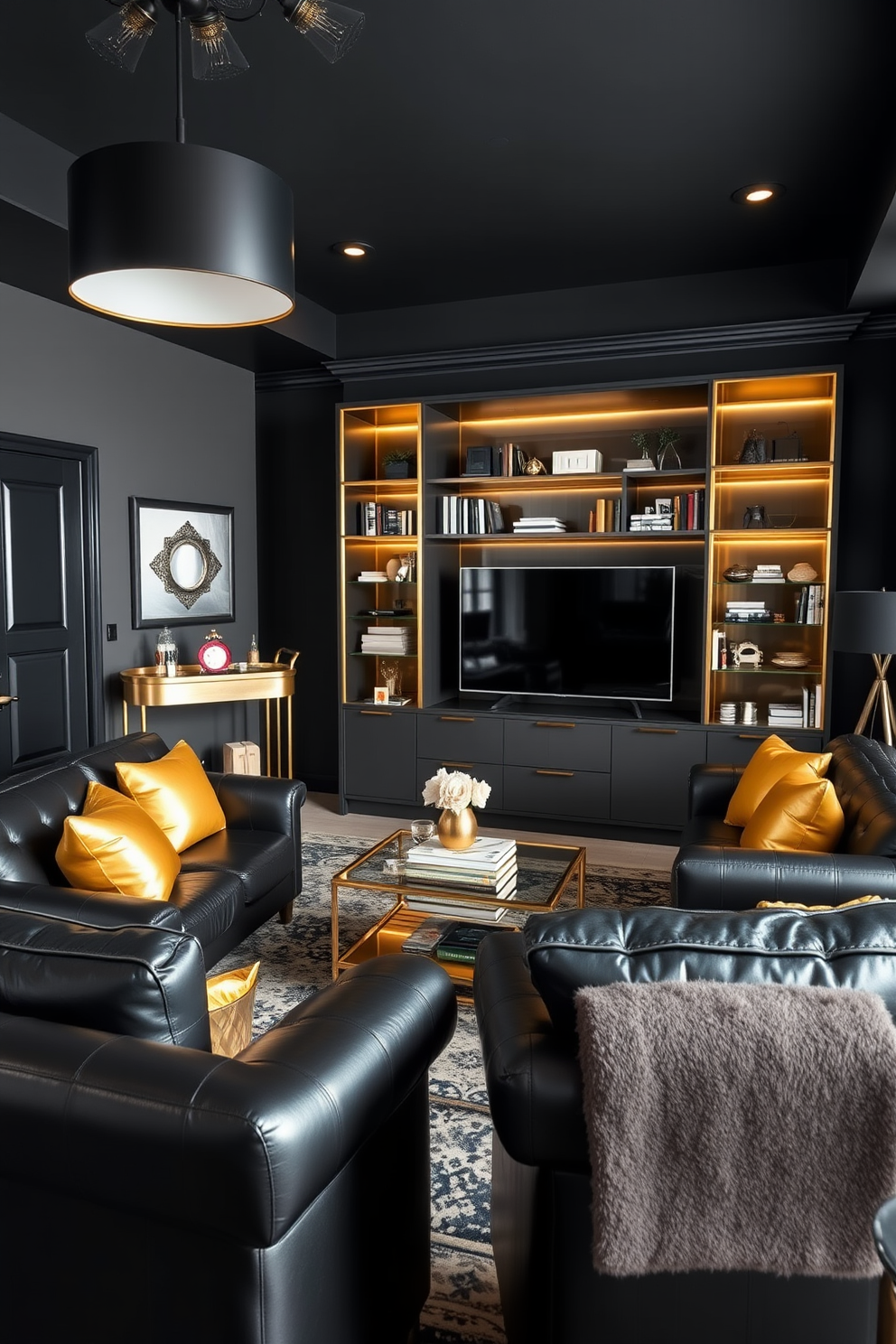 A stylish man cave featuring black leather furniture paired with gold accent pillows. The walls are painted in a deep matte black, and a sleek gold bar cart stands elegantly in the corner. A large entertainment center showcases a flat-screen TV framed by gold shelving units filled with books and collectibles. The lighting is soft and ambient, with black and gold pendant lights hanging from the ceiling.