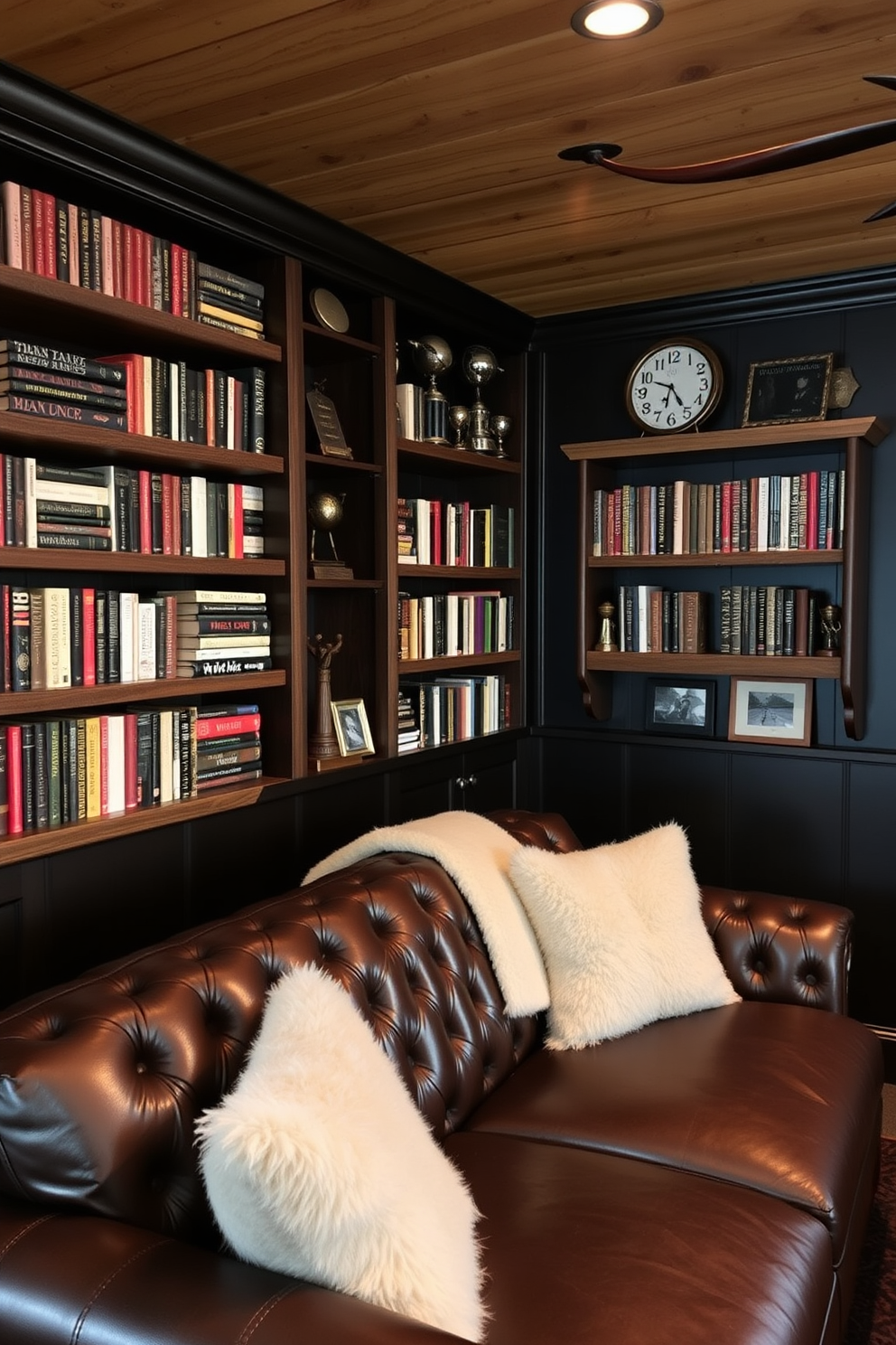 A cozy man cave featuring rustic wooden shelves that display an array of books and trophies. The walls are adorned with dark paneling, and a plush leather sofa invites relaxation in this stylish retreat.