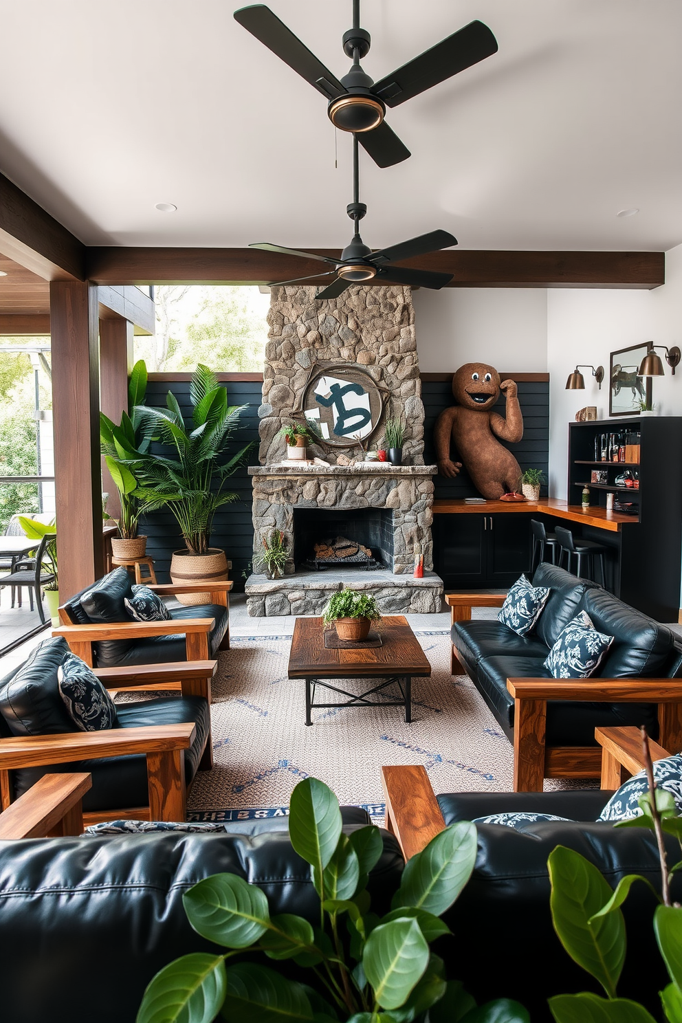 Outdoor inspired decor with nature elements. The space features wooden furniture with natural finishes, large potted plants, and a stone fireplace that brings the outdoors inside. Black man cave design ideas. The room is adorned with dark leather seating, a custom bar area, and wall art that reflects personal interests, creating a cozy and masculine atmosphere.