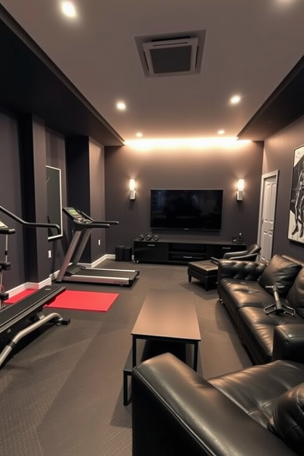 A personal gym area designed for functionality and style features high-end workout equipment including a treadmill, weights, and a yoga mat. The walls are painted in a deep charcoal color, and the flooring is a durable rubber material that absorbs impact. The Black Man Cave incorporates dark leather seating and a sleek coffee table, creating an inviting space for relaxation and entertainment. Ambient lighting fixtures enhance the atmosphere, and a large flat-screen TV is mounted on the wall opposite the seating area.