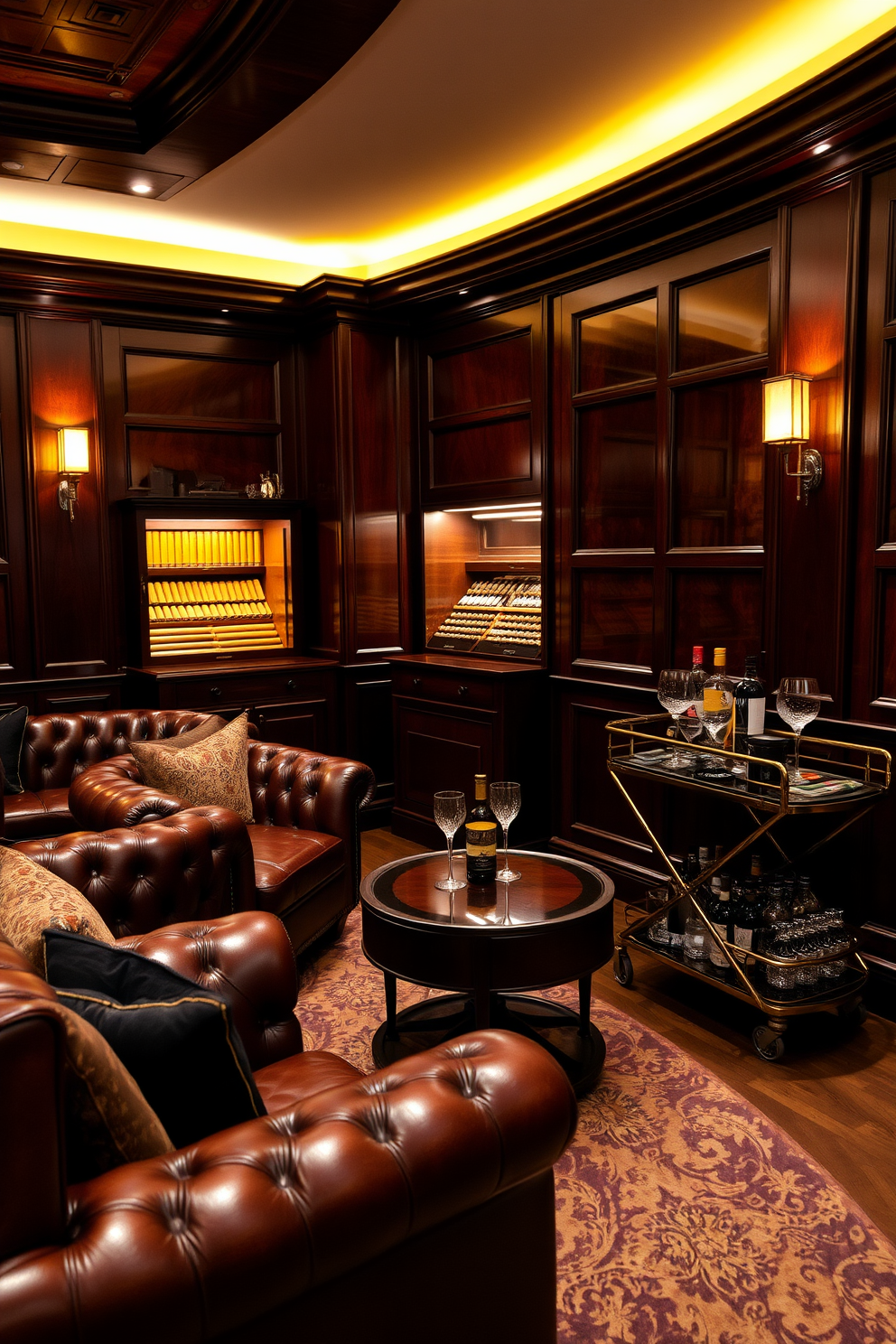 A luxurious cigar lounge with plush leather seating arranged in a cozy layout. The walls are adorned with dark wood paneling and rich, ambient lighting creates an inviting atmosphere. In one corner, a polished wooden humidor displays an array of fine cigars. A stylish bar cart is positioned nearby, stocked with premium spirits and elegant glassware.