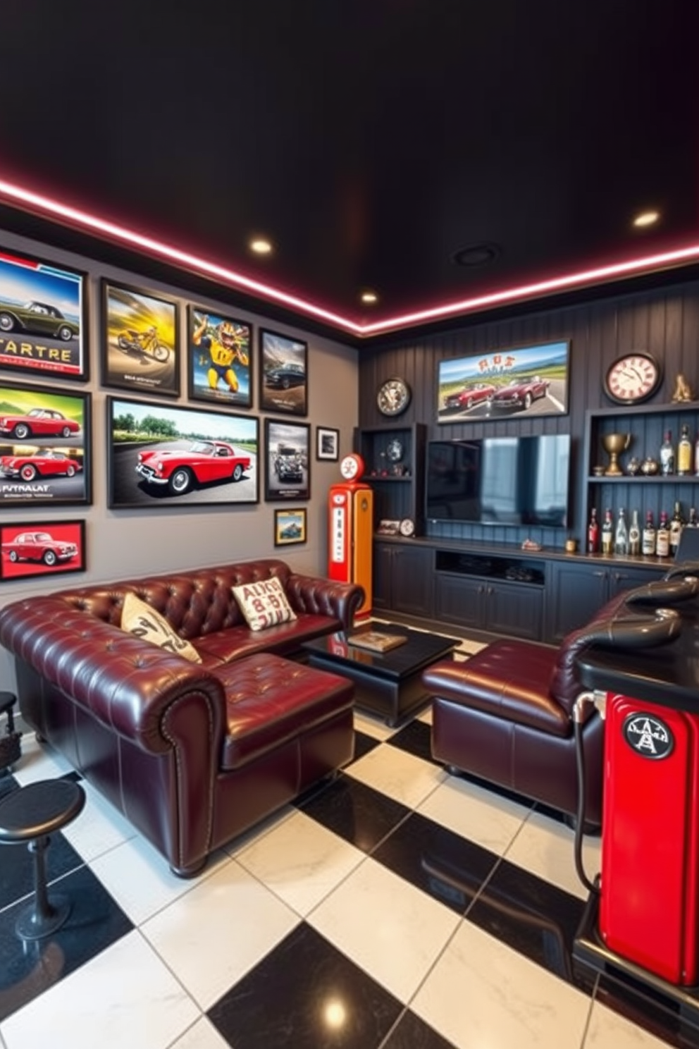 Vintage car decor for automobile enthusiasts. The walls are adorned with framed vintage car posters and photographs, showcasing classic models in vibrant colors. A polished wooden display case holds miniature car models, while a leather sofa in deep burgundy invites relaxation. The floor features a checkered black and white pattern reminiscent of a racing flag, and a vintage gas pump serves as a unique side table. Black Man Cave Design Ideas. The space is anchored by a large sectional sofa in dark leather, perfect for lounging and entertaining. A wall-mounted flat-screen TV is flanked by shelves displaying sports memorabilia and collectibles, while a sleek bar area offers an array of spirits and seating for guests. Dark wood paneling adds warmth, and strategically placed LED lighting creates an inviting atmosphere.