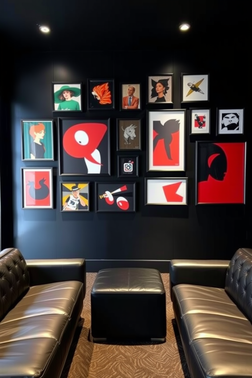 A sleek black wall serves as the backdrop for an array of modern art pieces that add a contemporary flair to the space. The artwork features bold colors and abstract shapes, creating a striking contrast against the dark tones of the room. The man cave design incorporates luxurious leather furniture in deep shades of gray and black. Ambient lighting highlights the art pieces while providing a cozy atmosphere for relaxation and entertainment.